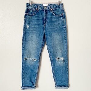 Zara Distressed High Rise Jeans Denim Mom Straight Leg Medium Wash Zip Women’s 6